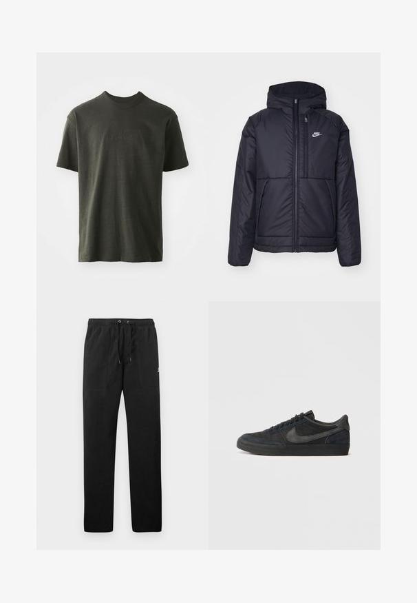Juodas, paminkštintas Nike džemperis su priekyje užtrauktuku ir gobtuvu. Pasižymi balta logo kairėje krūtinės pusėje ir dviem priekinėmis kišenėmis. Su lygiu išoriniu paviršiumi.; Tamsiai žalia T-marškiniai, pagaminti iš minkštos medžiagos, su apvaliu kaklu ir trumpomis rankovėmis. Išsiuvinėtas "nike" logotipas šiek tiek tamsesnėje žalioje spalvoje.; Juodos vilnonės kelnės su elastiniu juosmeniu ir raišteliais, dviem priekinėmis kišenėmis ir maža slogo ant šlaunies.; Juodi suediniai sportbačiai su žemu profiliu, guminiu padu, tekstūruotomis šoninėmis dalimis ir toniniu Nike swoosh logo. Su raišteliais priekyje, paminkštintu apykakle.