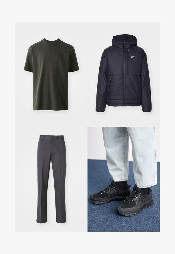 Juodas, paminkštintas Nike džemperis su priekyje užtrauktuku ir gobtuvu. Pasižymi balta logo kairėje krūtinės pusėje ir dviem priekinėmis kišenėmis. Su lygiu išoriniu paviršiumi.; Tamsiai žalia T-marškiniai, pagaminti iš minkštos medžiagos, su apvaliu kaklu ir trumpomis rankovėmis. Išsiuvinėtas "nike" logotipas šiek tiek tamsesnėje žalioje spalvoje.; Tamsiai pilki medvilnės mišinio kelnių, su tiesiais šonais, priekinėmis kišenėmis ir mygtuku užsegimui juosmens srityje.; Juodi sportiniai bateliai su tekstūruota medžiaga ir guminiais padais, su elastingomis raišteliais ir mėlynu akcentu ant kulno. Dėvimi su šviesiai mėlynomis džinsinėmis kelnėmis.