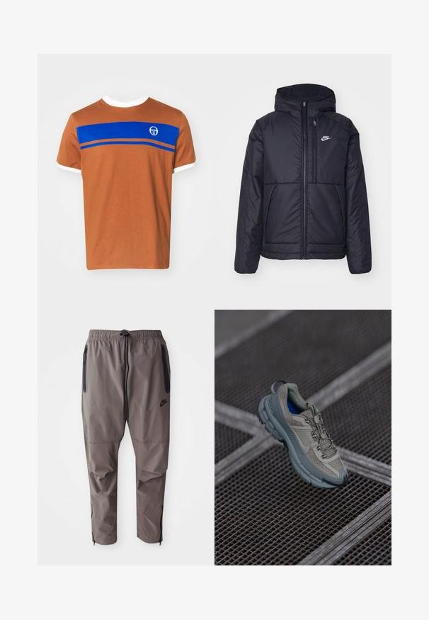 Juodas, paminkštintas Nike džemperis su priekyje užtrauktuku ir gobtuvu. Pasižymi balta logo kairėje krūtinės pusėje ir dviem priekinėmis kišenėmis. Su lygiu išoriniu paviršiumi.; Rudas medvilninis marškinėlis su baltu apykaklės ir rankovių kraštu, su horizontalia mėlyna juostele ir logotipu priekyje viršuje.; Pilkos Nike kelnės su elastingu juosmeniu, raišteliu, šoninėmis užtrauktukų kišenėmis ir užtrauktukais kulkšnies srityje, leidžiančiais reguliuoti prigludimą.; Bežiniai ir pilki sportiniai bateliai su tekstūruotu tinkliniu viršumi, apvaliu pirštu ir guminiais padais, turi raištelius ir paminkštintą apykaklę.