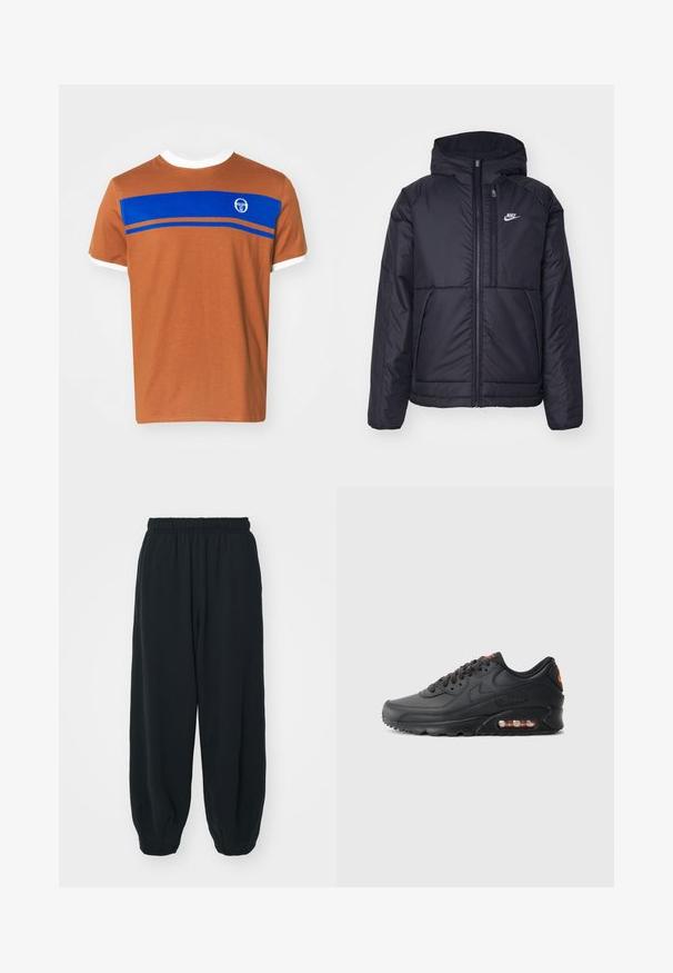 Black, padded Nike jacket with a front zipper and hood. Features a white logo on the left chest and dual front pockets. Smooth exterior texture.; Brown cotton t-shirt with white crew neck and sleeve edges, featuring a horizontal blue stripe and logo on the upper front.; Black, elasticated-waist sweatpants with a loose fit, cuffed ankles, smooth texture, and no visible patterns or hardware accents.; Nike Air Max 90 sneakers featuring a black synthetic upper, textured finish, lace-up front, visible air unit, and orange accent logo.