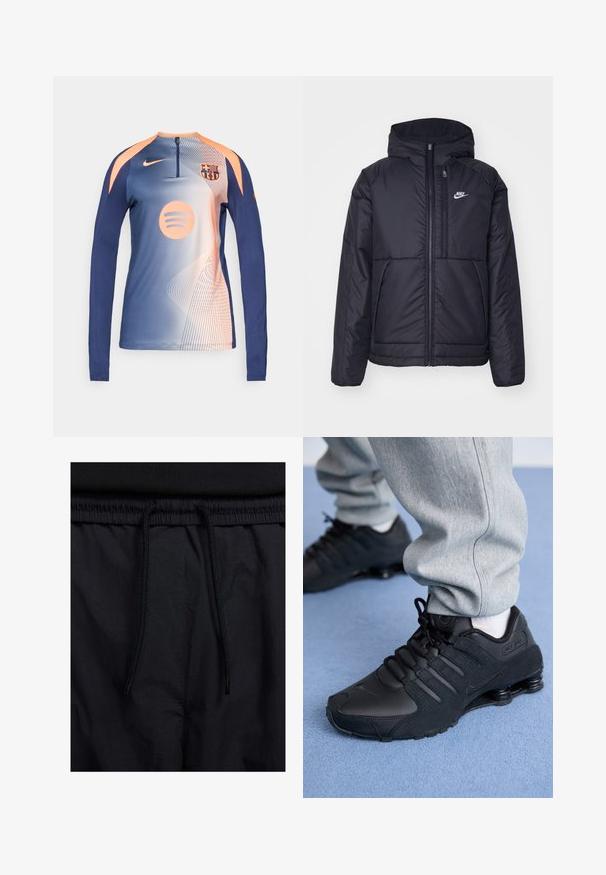Black, padded Nike jacket with a front zipper and hood. Features a white logo on the left chest and dual front pockets. Smooth exterior texture.; Long-sleeve blue and peach Nike football training top with FC Barcelona crest and Spotify logo, zip collar, and abstract line pattern.; Black shorts featuring a drawstring waistband, lightweight fabric with a smooth texture, and a simple design without visible logos or patterns.; Person wearing black Nike Shox sneakers and gray sweatpants standing on light blue carpet.