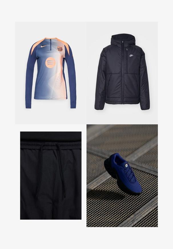 Black, padded Nike jacket with a front zipper and hood. Features a white logo on the left chest and dual front pockets. Smooth exterior texture.; Long-sleeve blue and peach Nike football training top with FC Barcelona crest and Spotify logo, zip collar, and abstract line pattern.; Black shorts featuring a drawstring waistband, lightweight fabric with a smooth texture, and a simple design without visible logos or patterns.; Blue athletic shoe with a textured upper, black sole, and laces. Features "air" branding on the tongue and visible air cushioning elements.