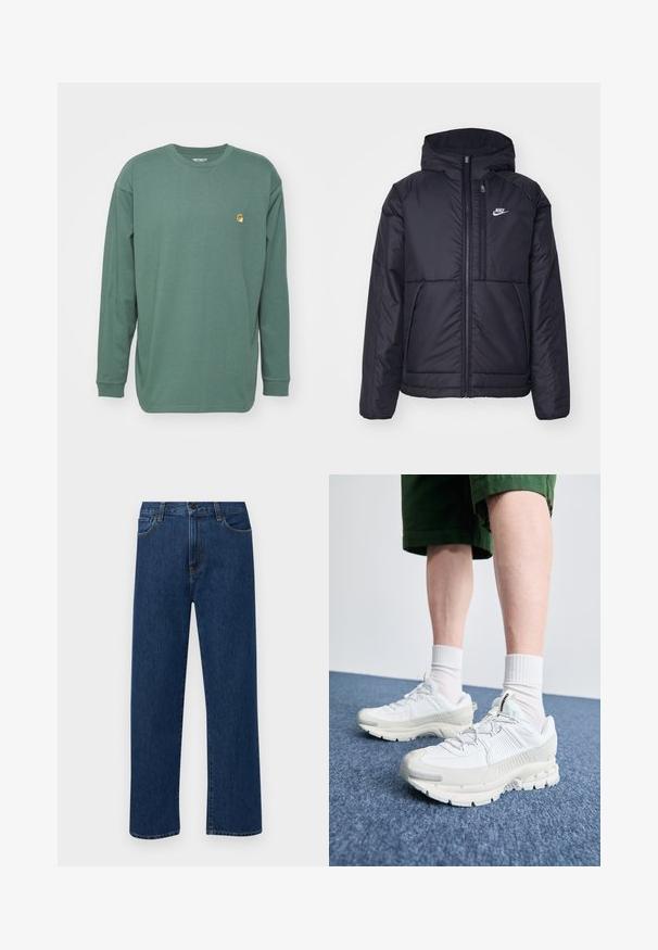 Chaqueta acolchada negra de Nike con cremallera frontal y capucha. Presenta un logo blanco en el lado izquierdo del pecho y dos bolsillos frontales. Textura exterior suave.; Carhartt WIP CHASE - Camiseta de manga larga - duck green/gold; Jeans de mezclilla azul oscuro con un diseño de pierna recta, que presentan una cintura alta, bolsillos frontales y costuras amarillas en contraste.; Zapatillas deportivas blancas con superposiciones texturizadas, una suela gruesa y acentos grises. Llevadas con calcetines blancos hasta la pantorrilla y pantalones cortos verdes sobre una superficie azul.