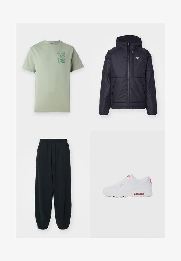 Juodas, paminkštintas Nike džemperis su priekyje užtrauktuku ir gobtuvu. Pasižymi balta logo kairėje krūtinės pusėje ir dviem priekinėmis kišenėmis. Su lygiu išoriniu paviršiumi.; Šviesiai žalia trumpomis rankovėmis medvilninė marškinėliai, kuriuose kairėje krūtinės pusėje atspausdintas dizainas su palmėmis ir bangomis.; Juodi, su elastiniu juosmeniu sportiniai kelnės su laisvu siluetu, suapvalintais kulkšnimis, lygia tekstūra ir be matomų raštų ar metalinių akcentų.; Baltos sportinės sneaker'iai, turintys lygų paviršių, raištelių uždarymą, paminkštintą padą ir matomą oro vienetą su raudonomis akcentais ant prekės ženklo.