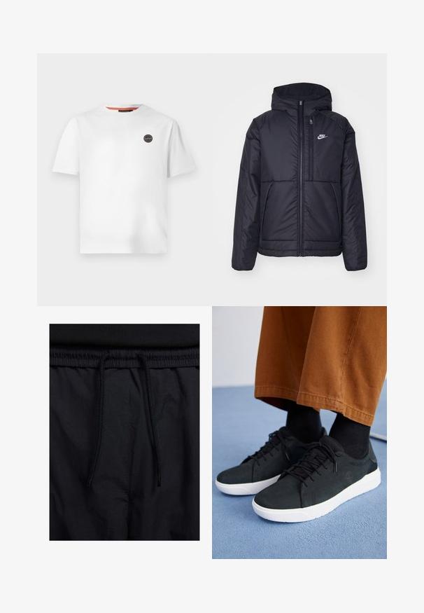 Fekete, párnázott Nike dzseki elülső cipzárral és kapucnival. A bal mellen fehér logó található, valamint két elülső zseb. Simának tűnő külső felület.; Fehér pamut póló rövid ujjakkal és kerek nyakkivágással. A bal mellen egy kör alakú logó folt található.; Fekete rövidnadrág, húzózsinórral ellátott derékrésszel, könnyű anyagból, sima felszínen, egyszerű dizájnnal, látható logók vagy minták nélkül.; Fekete velúrbőr sneaker fehér gumitalppal, fűzős dizájnnal, texturált részletekkel és diszkrét márkázással, barna nadrággal párosítva.