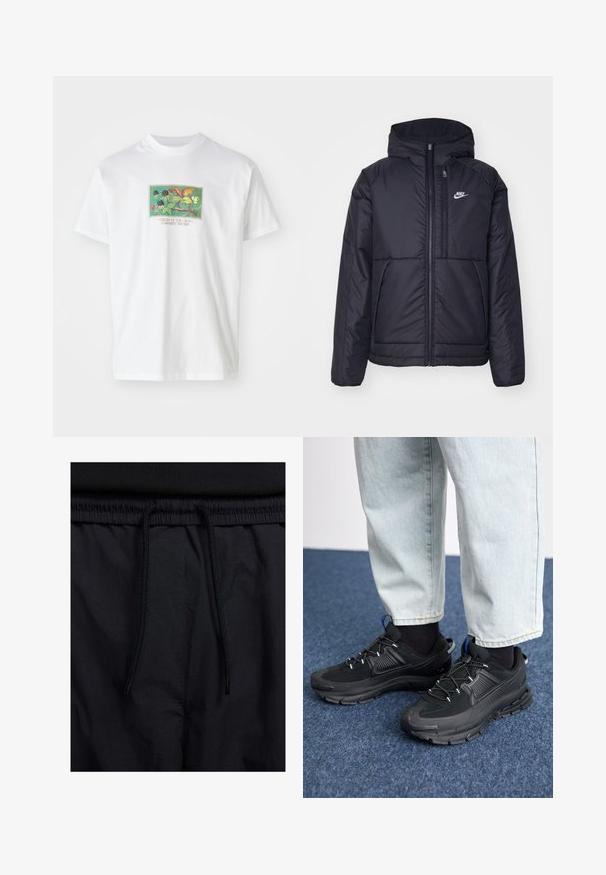 Black, padded Nike jacket with a front zipper and hood. Features a white logo on the left chest and dual front pockets. Smooth exterior texture.; White cotton t-shirt featuring a colorful, illustrated graphic of plants and fruits. Text below reads "CREAM OF THE CROP CARHARTT WIP 1989."; Black shorts featuring a drawstring waistband, lightweight fabric with a smooth texture, and a simple design without visible logos or patterns.; Black athletic shoes with textured fabric and rubber soles, featuring elastic laces and a blue accent on the heel. Worn with light denim pants.