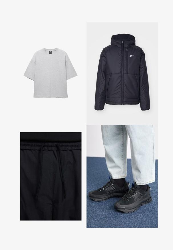 Zwarte, gewatteerde Nike-jas met een voorkant met ritssluiting en capuchon. Kenmerkt zich door een wit logo op de linkerborst en dubbele frontzakken. Gladde buitenkant.; Lichtgrijze oversized t-shirt gemaakt van een katoenmix, met een ronde halslijn en korte, brede mouwen. Eenvoudig ontwerp, zonder patronen.; Zwarte shorts met een drawstring tailleband, lichtgewicht stof met een zachte textuur en een eenvoudig ontwerp zonder zichtbare logo's of patronen.; Zwarte sportschoenen met gestructureerde stof en rubberen zolen, met elastische veters en een blauwe accent op de hiel. Draag samen met lichte spijkerbroeken.