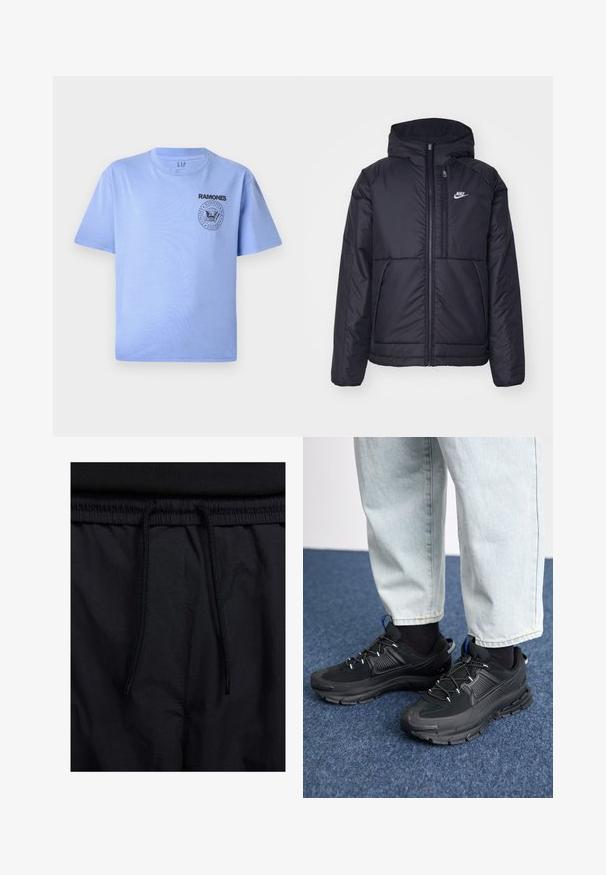 Črna, podložena Nike jakna z sprednjim zadrgo in kapuco. Ima bel logo na levem prsnem delu in dvojna sprednja žepa. Gladka zunanja tekstura.; Svijetloplavi pamučni majica s kratkim rukavima, okruglim izrezom i crnim printom "Ramones" na lijevoj strani prsnog dijela. Glatka tekstura.; Črne kratke hlače z vrvico v pasu, lahkotna tkanina z gladko teksturo in preprosto zasnovo brez vidnih logotipov ali vzorcev.; Črne športne čevlje z teksturirano tkanino in gumijastimi podplati, ki imajo elastične vezalke ter modre poudarke na peti. Nosi se z lahkimi denim hlačami.