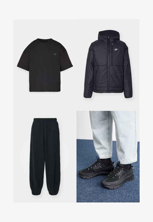 Black, padded Nike jacket with a front zipper and hood. Features a white logo on the left chest and dual front pockets. Smooth exterior texture.; Black oversized short-sleeve t-shirt with crew neck and small rectangular patch on the left chest.; Black, elasticated-waist sweatpants with a loose fit, cuffed ankles, smooth texture, and no visible patterns or hardware accents.; Black athletic shoes with textured fabric and rubber soles, featuring elastic laces and a blue accent on the heel. Worn with light denim pants.