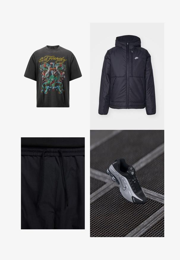Sort, polstret Nike-jakke med frontlynlås og hætte. Har et hvidt logo på venstre bryst og to frontlommer. Glat ydre tekstur.; Sort oversized t-shirt med et farverigt dragegrafik og blomsteraccenter, samt "Ed Hardy" tekst i guld ved halsen.; Sorte shorts med snoretræk i taljen, letvægtsstof med en glat tekstur og et simpelt design uden synlige logoer eller mønstre.; Nike atletiksko med et sort og sølv design. Lavet af syntetisk materiale med mesh-detaljer og en støttende sål med synlig luftstødabsorbering.