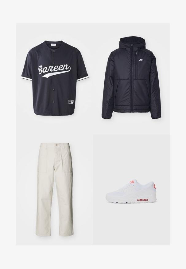 Svart, polstret Nike-jakke med frontglidelås og hette. Har en hvit logo på venstre bryst og doble frontlommer. Glatt ytterside.; Svart netting kortermet jersey med trykknapp-lukking, "Bareen" trykt i hvitt, hvite aksentstriper på ermene, størrelseslabel synlig.; Lyse beige vide bukser laget av bomull. Har frontlommer og knappelukking. Jevn tekstur med subtile vertikale linjer.; Hvite atletiske joggesko med glatt overdel, snøring, polstret såle og synlig luftenhet med røde detaljer på merket.