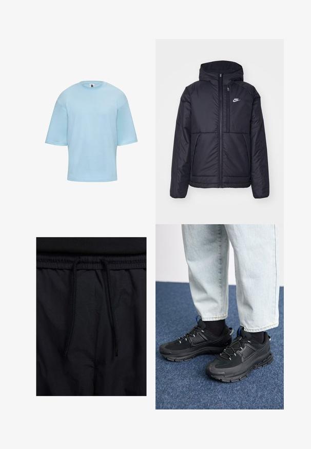 Juodas, paminkštintas Nike džemperis su priekyje užtrauktuku ir gobtuvu. Pasižymi balta logo kairėje krūtinės pusėje ir dviem priekinėmis kišenėmis. Su lygiu išoriniu paviršiumi.; Šviesiai mėlyna, trumpomis rankovėmis marškinėliai, pagaminti iš minkštos medžiagos, su apvalia iškirpte ir šiek tiek laisvu kirpimu, su minimaliais akcentais.; Juodos šortai su raišteliu juosmens srityje, lengva medžiaga su lygiu paviršiumi ir paprastas dizainas be matomų logotipų ar raštų.; Juodi sportiniai bateliai su tekstūruota medžiaga ir guminiais padais, su elastingomis raišteliais ir mėlynu akcentu ant kulno. Dėvimi su šviesiai mėlynomis džinsinėmis kelnėmis.