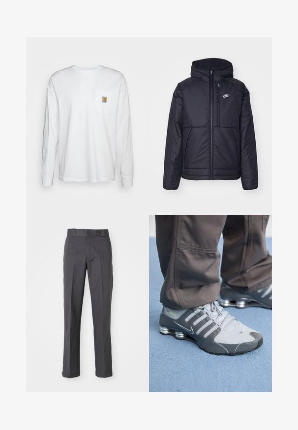 Svart, polstret Nike-jakke med frontglidelås og hette. Har en hvit logo på venstre bryst og doble frontlommer. Glatt ytterside.; Langermet hvit skjorte laget av bomull, med en brystlomme med et kvadratisk logo-patch. Enkelt design med rund hals og mansjetter.; Mørkegrå bukser laget av bomullsblanding, med rett ben-design, frontlommer og knappelukking i midjen.; Grå og sølv Nike Shox-sneakers har et slankt design, med mesh- og syntetiske materialer, en rund tå og en polstret krage.