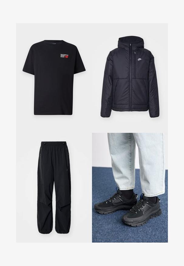 Casaco Nike preto, acolchoado, com fecho à frente e capuz. Apresenta um logo branco no lado esquerdo do peito e dois bolsos frontais. Textura exterior lisa.; T-shirt de algodão preto com decote redondo. Apresenta um pequeno logotipo e texto "New Balance" em vermelho e branco na parte superior esquerda do peito.; Calças cargo leves e pretas com uma cintura elástica, zíperes laterais e bolsos espaçosos. Apresentam um corte solto e bainhas ajustadas.; Sapatilhas desportivas pretas com tecido texturizado e solas em borracha, apresentando atacadores elásticos e um detalhe azul no calcanhar. Usadas com calças de ganga claras.
