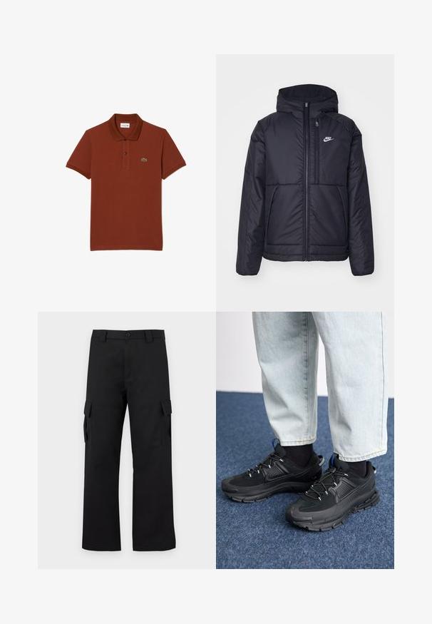 Chaqueta acolchada negra de Nike con cremallera frontal y capucha. Presenta un logo blanco en el lado izquierdo del pecho y dos bolsillos frontales. Textura exterior suave.; Lacoste Polo - marron shi; Pantalones cargo negros con un diseño de pierna recta. Fabricados con un tejido duradero, cuentan con dos bolsillos laterales con cierres de solapa y una cremallera de botón.; Zapatillas deportivas negras con tejido texturizado y suelas de goma, con cordones elásticos y un acento azul en el talón. Combinadas con pantalones de mezclilla claros.