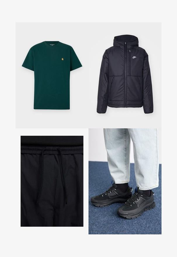 Melna, pufota Nike jaka ar priekšējo rāvējslēdzēju un kapuci. Iezīmēta ar baltu logotipu uz kreisās krūtis un divām priekšējām kabatām. Gluda ārējā tekstūra.; Zaļš kokvilnas T-krekls ar īsām piedurknēm, apaļu kakla izgriezumu un mazu dzeltenu logo uz krūšu. Gluda tekstūra un vienkāršs dizains.; Melni šorti ar sašūtu jostu, viegls audums ar gludu tekstūru un vienkāršs dizains bez redzamiem logotipiem vai paraugiem.; Melni sporta apavi ar strukturētu audumu un gumijas zoli, ar elastīgām auklām un zilu akcentu uz papēža. Nēsāti ar gaišām džinsu biksēm.