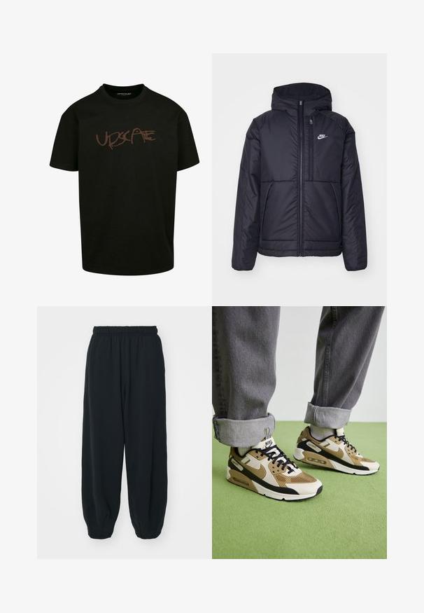 Jachetă Nike neagră, căptușită, cu fermoar pe față și glugă. Prezintă un logo alb pe pieptul stâng și două buzunare frontale. Textură exterioară netedă.; Tricou negru din bumbac, cu un logo imprimat de culoare maro "UPDSCAPE" în stil graffiti pe față. Mâneci scurte, guler rotund.; Pantaloni de trening negri, cu talie elastică, cu o croială lejeră, la baza pantaloni fiind strânși, având o textură netedă și fără modele sau accente metalice vizibile.; Adidașii Nike Air Max 90, în nuanțe de bej și negru, sunt realizați din materiale din plasă și piele, cu amortizare vizibilă și șireturi negre.