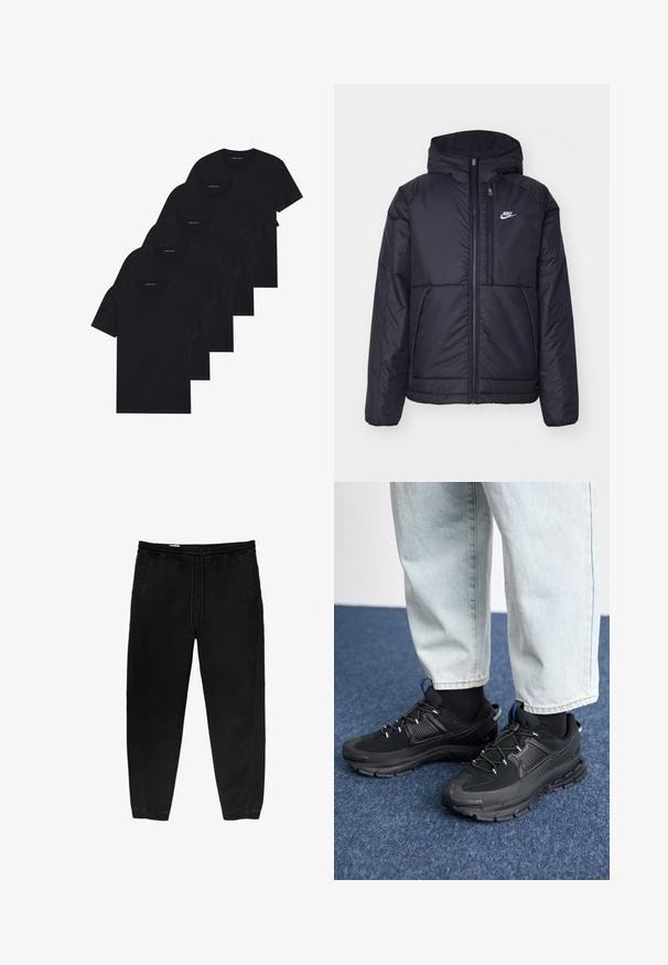 Zwarte, gewatteerde Nike-jas met een voorkant met ritssluiting en capuchon. Kenmerkt zich door een wit logo op de linkerborst en dubbele frontzakken. Gladde buitenkant.; Zes zwarte t-shirts met ronde hals in een verpakking van vijf. Korte mouwen, van katoen, met een standaard pasvorm. Gladde textuur zonder zichtbare patronen of versieringen.; Zwarte elastische taillebandbroeken met een trekkoord, taps toelopende benen, zijzakken en subtiele stiksels aan de zijkanten. Zachte katoenachtige stof.; Zwarte sportschoenen met gestructureerde stof en rubberen zolen, met elastische veters en een blauwe accent op de hiel. Draag samen met lichte spijkerbroeken.