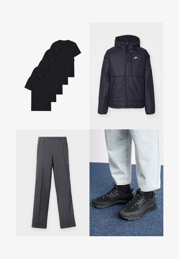 Black, padded Nike jacket with a front zipper and hood. Features a white logo on the left chest and dual front pockets. Smooth exterior texture.; Pack of five black crew-neck t-shirts. Short sleeves, cotton material, standard fit. Smooth texture with no visible patterns or embellishments.; Gray sweatpants made of textured fabric with a loose fit, featuring side zip pockets and a small logo on the front.; Black athletic shoes with textured fabric and rubber soles, featuring elastic laces and a blue accent on the heel. Worn with light denim pants.