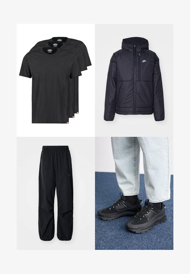 Black, padded Nike jacket with a front zipper and hood. Features a white logo on the left chest and dual front pockets. Smooth exterior texture.; Black cotton t-shirts in a pack of three. Crew neck, short sleeves, and a smooth texture. Logo tag at the hem.; Black lightweight cargo pants with an elastic waistband, side zippers, and spacious pockets. Features a loose fit and tapered cuffs.; Black athletic shoes with textured fabric and rubber soles, featuring elastic laces and a blue accent on the heel. Worn with light denim pants.