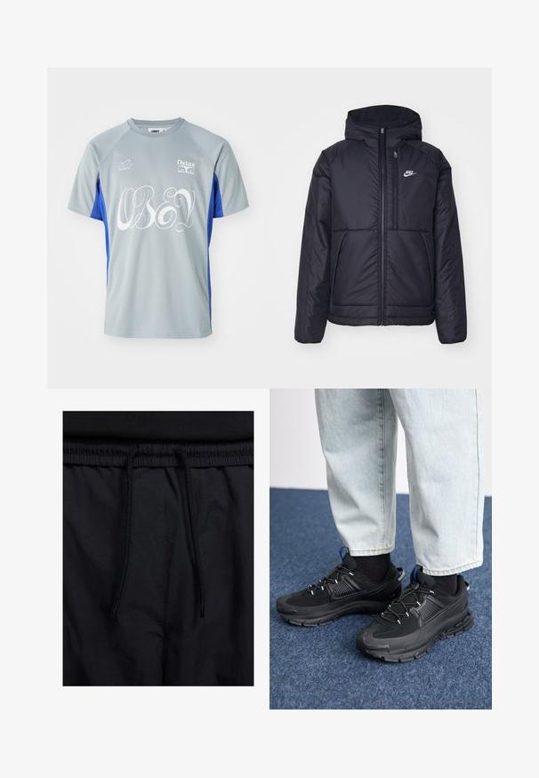 Juodas, paminkštintas Nike džemperis su priekyje užtrauktuku ir gobtuvu. Pasižymi balta logo kairėje krūtinės pusėje ir dviem priekinėmis kišenėmis. Su lygiu išoriniu paviršiumi.; Trumpas rankovės sportinis marškinėliai pilkos ir mėlynos spalvų. Puošia užrašas "OBEY" baltu šriftu, su logotipais ant krūtinės ir rankovės. Pagaminta iš lengvos medžiagos.; Juodos šortai su raišteliu juosmens srityje, lengva medžiaga su lygiu paviršiumi ir paprastas dizainas be matomų logotipų ar raštų.; Juodi sportiniai bateliai su tekstūruota medžiaga ir guminiais padais, su elastingomis raišteliais ir mėlynu akcentu ant kulno. Dėvimi su šviesiai mėlynomis džinsinėmis kelnėmis.