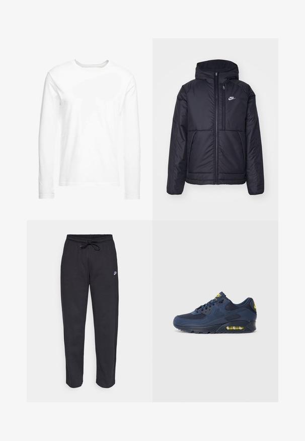 Juodas, paminkštintas Nike džemperis su priekyje užtrauktuku ir gobtuvu. Pasižymi balta logo kairėje krūtinės pusėje ir dviem priekinėmis kišenėmis. Su lygiu išoriniu paviršiumi.; Ilga rankovė balta marškinė, pagaminti iš minkštos medvilnės. Apvalus iškirpimas, tiesūs kraštai ir jokių matomų raštų ar grafikų.; Juodos sportinės kelnės, pagamintos iš minkštos medžiagos, su elastinga juostele, raišteliu ir mažuoju Nike logotipu kairiajame šlaunyje.; Tamsiai mėlyni Nike Air Max sportbačiai su zomšiniu ir tinkliniu paviršiumi, su geltonais akcentais, raištelių uždarymu ir matoma oro pagalve pada.
