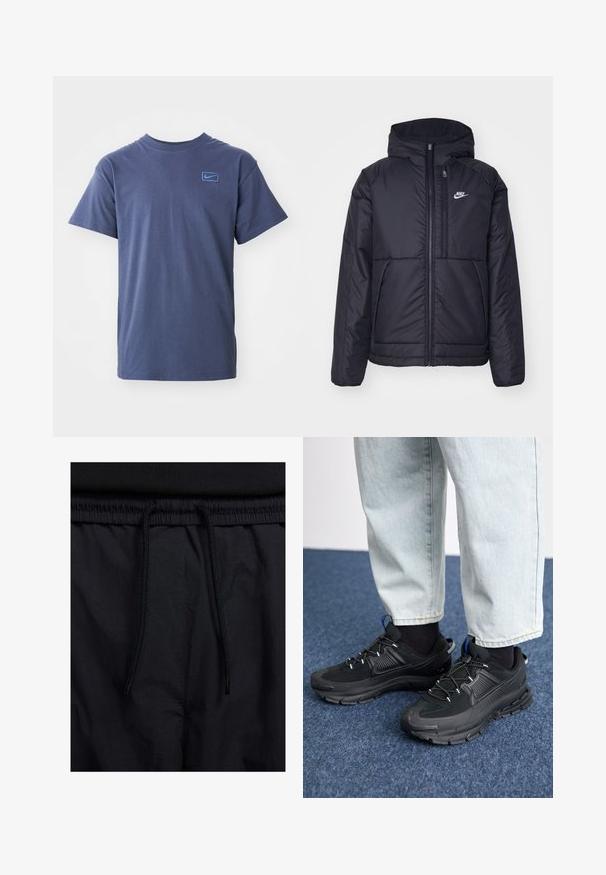 Casaco Nike preto, acolchoado, com fecho à frente e capuz. Apresenta um logo branco no lado esquerdo do peito e dois bolsos frontais. Textura exterior lisa.; T-shirt de manga curta em azul marinho, com decote redondo e pequeno logótipo da Nike em azul claro no peito esquerdo.; Calções pretos com um cós elástico ajustável, fabricados em tecido leve com uma textura suave e um design simples, sem logótipos ou padrões visíveis.; Sapatilhas desportivas pretas com tecido texturizado e solas em borracha, apresentando atacadores elásticos e um detalhe azul no calcanhar. Usadas com calças de ganga claras.