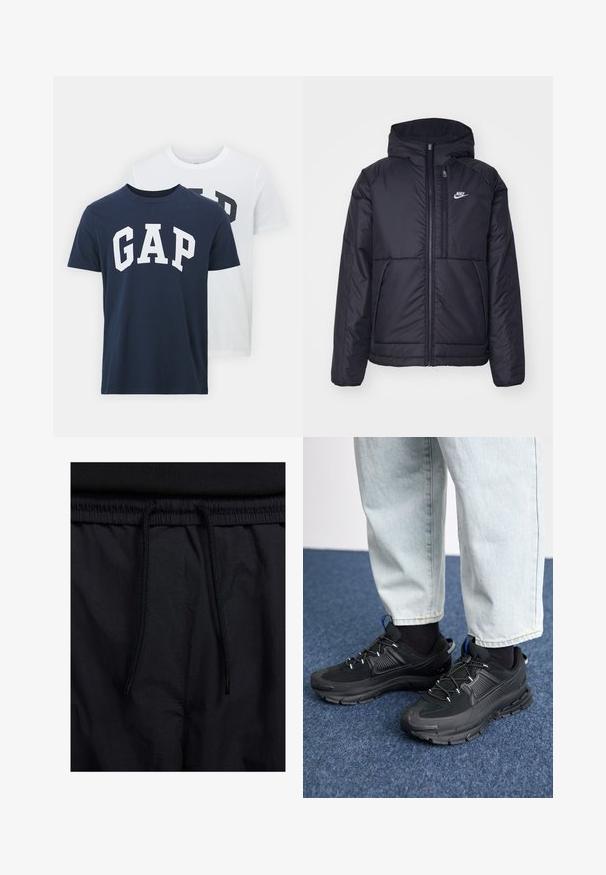 Črna, podložena Nike jakna z sprednjim zadrgo in kapuco. Ima bel logo na levem prsnem delu in dvojna sprednja žepa. Gladka zunanja tekstura.; Dve majice iz GAP-a; ena temno modra z belim logotipom "GAP", druga bela s temno zelenim logotipom "GAP". Narejene so iz bombaža, z obliko okrogle vrhnje.; Črne kratke hlače z vrvico v pasu, lahkotna tkanina z gladko teksturo in preprosto zasnovo brez vidnih logotipov ali vzorcev.; Črne športne čevlje z teksturirano tkanino in gumijastimi podplati, ki imajo elastične vezalke ter modre poudarke na peti. Nosi se z lahkimi denim hlačami.