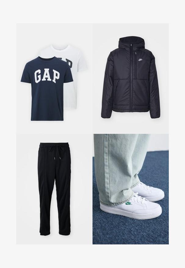 Casaco Nike preto, acolchoado, com fecho à frente e capuz. Apresenta um logo branco no lado esquerdo do peito e dois bolsos frontais. Textura exterior lisa.; Duas t-shirts da GAP; uma azul marinho com o logótipo "GAP" em branco, a outra branca com o logótipo "GAP" em verde escuro. Feitas de algodão, design de gola redonda.; Calças casuais pretas com cordão na cintura, com bolsos laterais e corte reto, sobre um fundo simples.; Tênis de couro brancos com logo verde da Nike, bico redondo, sola plana, combinados com calças de denim azul claro, exibidos sobre um tapete azul.