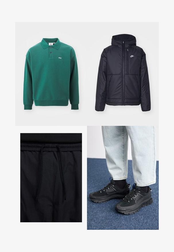 Melna, pufota Nike jaka ar priekšējo rāvējslēdzēju un kapuci. Iezīmēta ar baltu logotipu uz kreisās krūtis un divām priekšējām kabatām. Gluda ārējā tekstūra.; Obey Clothing LOWERCASE - Tops ar garām piedurknēm - rain forest; Melni šorti ar sašūtu jostu, viegls audums ar gludu tekstūru un vienkāršs dizains bez redzamiem logotipiem vai paraugiem.; Melni sporta apavi ar strukturētu audumu un gumijas zoli, ar elastīgām auklām un zilu akcentu uz papēža. Nēsāti ar gaišām džinsu biksēm.