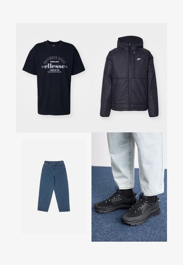 Black, padded Nike jacket with a front zipper and hood. Features a white logo on the left chest and dual front pockets. Smooth exterior texture.; Black cotton t-shirt with a crew neckline. Features white printed text reading "Raffinato Sport" and "ellesse" with vintage details.; Blue denim jeans with a relaxed fit, high waist, five-pocket design, and stitching accents. Features a button and zipper closure.; Black athletic shoes with textured fabric and rubber soles, featuring elastic laces and a blue accent on the heel. Worn with light denim pants.