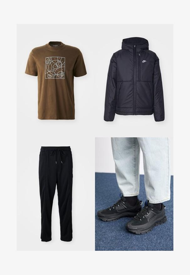 Casaco Nike preto, acolchoado, com fecho à frente e capuz. Apresenta um logo branco no lado esquerdo do peito e dois bolsos frontais. Textura exterior lisa.; T-shirt de algodão castanho com decote redondo e mangas curtas. Apresenta um design abstrato branco com números dispostos em um layout quadrado.; Calças casuais pretas com cordão na cintura, com bolsos laterais e corte reto, sobre um fundo simples.; Sapatilhas desportivas pretas com tecido texturizado e solas em borracha, apresentando atacadores elásticos e um detalhe azul no calcanhar. Usadas com calças de ganga claras.