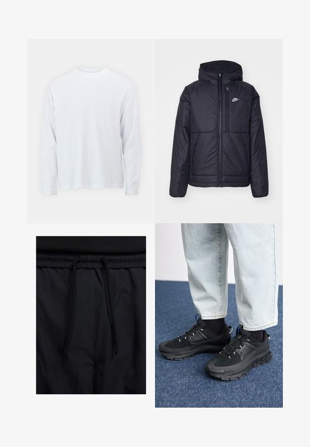 Black, padded Nike jacket with a front zipper and hood. Features a white logo on the left chest and dual front pockets. Smooth exterior texture.; Long-sleeve white t-shirt made of cotton, featuring a crew neckline and straight hem. Smooth texture, simple design without patterns or accents.; Black shorts featuring a drawstring waistband, lightweight fabric with a smooth texture, and a simple design without visible logos or patterns.; Black athletic shoes with textured fabric and rubber soles, featuring elastic laces and a blue accent on the heel. Worn with light denim pants.