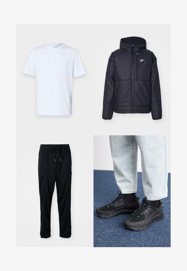Veste Nike noire rembourrée avec une fermeture éclair sur le devant et une capuche. Elle présente un logo blanc sur la poitrine gauche et deux poches avant. Texture extérieure lisse.; T-shirt à manches courtes et col rond en coton blanc doux. Présente un design minimaliste avec un branding subtil sur la zone de la poitrine.; Pantalons décontractés noirs à taille à cordon de serrage avec poches latérales et coupe droite sur fond uni.; Des chaussures de sport noires avec un tissu texturé et des semelles en caoutchouc, dotées de lacets élastiques et d'un accent bleu au talon. Portées avec un pantalon en denim clair.