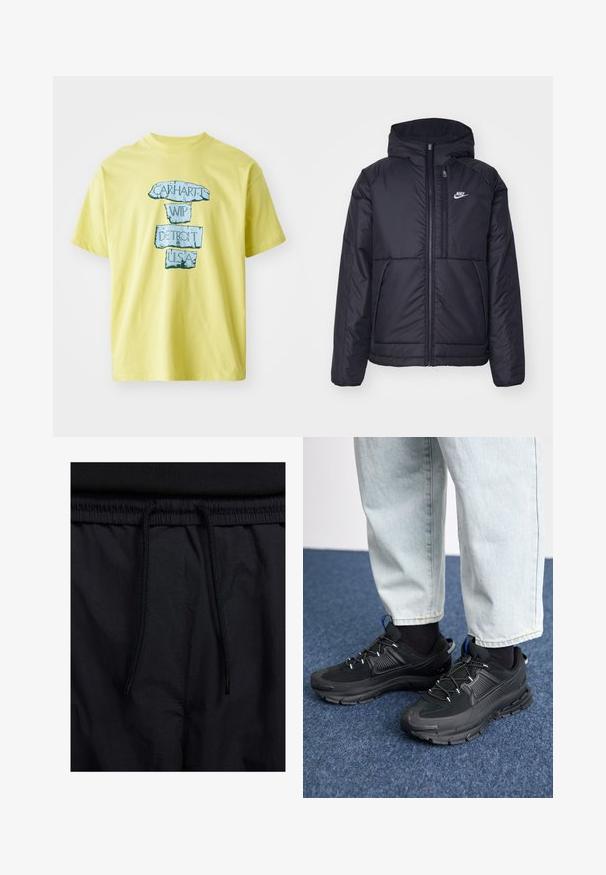 Black, padded Nike jacket with a front zipper and hood. Features a white logo on the left chest and dual front pockets. Smooth exterior texture.; Yellow cotton t-shirt featuring a blue graphic design with "CARHARTT WIP DETROIT U.S.A." text in a bold, distressed font. Round neckline, short sleeves.; Black shorts featuring a drawstring waistband, lightweight fabric with a smooth texture, and a simple design without visible logos or patterns.; Black athletic shoes with textured fabric and rubber soles, featuring elastic laces and a blue accent on the heel. Worn with light denim pants.