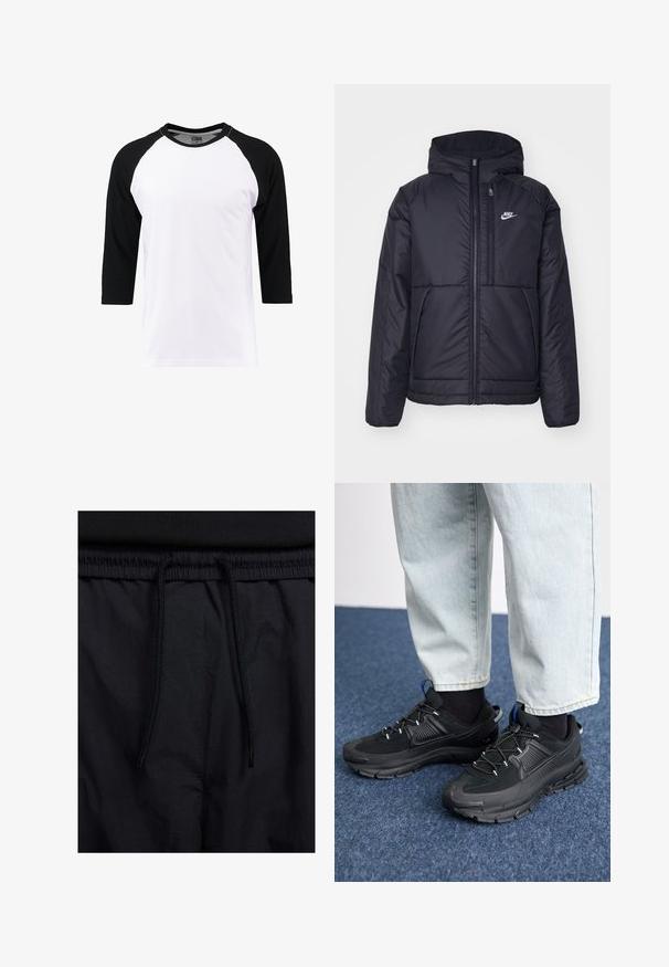Fekete, párnázott Nike dzseki elülső cipzárral és kapucnival. A bal mellen fehér logó található, valamint két elülső zseb. Simának tűnő külső felület.; Fehér, rövid ujjú póló fekete raglán ujjakkal, pamutból készült, kerek nyakkivágással és sima textúrával.; Fekete rövidnadrág, húzózsinórral ellátott derékrésszel, könnyű anyagból, sima felszínen, egyszerű dizájnnal, látható logók vagy minták nélkül.; Fekete sportcipők texturált anyaggal és gumitalppal, elasztikus fűzőkkel és kék kiegészítővel a saroknál. Világos farmernadrággal viselve.