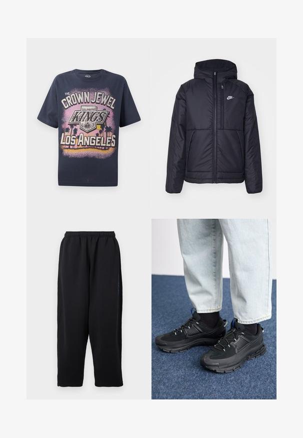 Crna Nike jakna s podstavom, dugmadi sprijeda i kapuljačom. Ima bijeli logotip na lijevoj strani prsnog koša i dva prednja džepa. Glatka vanjska tekstura.; Tamno plava pamučna majica sa grafičkim otiskom koji sadrži tekst "CROWN JEWEL KINGS OF LOS ANGELES" i siluete palmi.; Crne trenirke od meke tkanine, s elastičnim pojasom, širokim nogavicama i bočnim džepovima s diskretnim plavim detaljima.; Crne atletske cipele s teksturiranom tkaninom i gumene potplate, s elastičnim vezicama i plavim akcentom na peti. Nosene su s svijetlim trapericama.