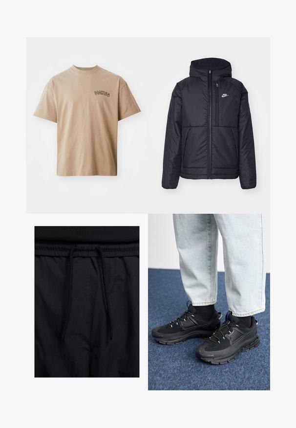 Juodas, paminkštintas Nike džemperis su priekyje užtrauktuku ir gobtuvu. Pasižymi balta logo kairėje krūtinės pusėje ir dviem priekinėmis kišenėmis. Su lygiu išoriniu paviršiumi.; Šviesiai rudas trumpas rankovės marškinėliai, pagaminti iš medvilnės, su apvalia iškirpte ir "DICKIES" logotipu su apvaliu juodu šriftu kairėje krūtinės pusėje.; Juodos šortai su raišteliu juosmens srityje, lengva medžiaga su lygiu paviršiumi ir paprastas dizainas be matomų logotipų ar raštų.; Juodi sportiniai bateliai su tekstūruota medžiaga ir guminiais padais, su elastingomis raišteliais ir mėlynu akcentu ant kulno. Dėvimi su šviesiai mėlynomis džinsinėmis kelnėmis.