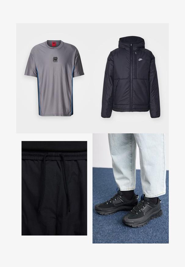 Svart, polstret Nike-jakke med frontglidelås og hette. Har en hvit logo på venstre bryst og doble frontlommer. Glatt ytterside.; Grå mesh t-skjorte med korte ermer, med et svart logo-print på forsiden og blå detaljer langs sidesømmene.; Sorte shorts med snor i livet, lett stoff med en jevn tekstur, og et enkelt design uten synlige logoer eller mønstre.; Svarte sportssko med teksturert stoff og gummisåler, med elastiske lisser og en blå detalj på hælen. Brukt med lyse denimbukser.