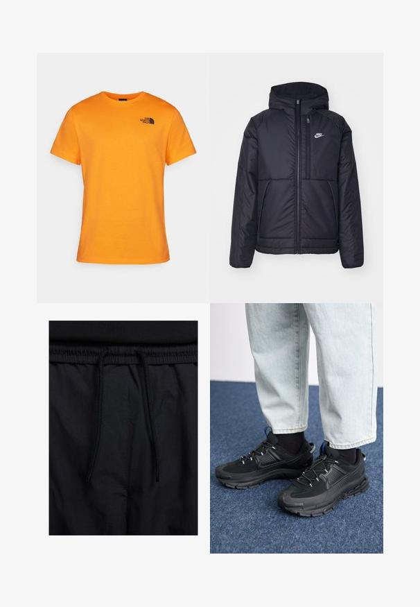 Must musta Nike jope, millel on ees lukuga avamine ja kapuuts. Vasakpoolne rind on kaunistatud valge logoga ning ees on kaks taskut. Sile välimine tekstuur.; Oranž puuvillane T-särk, millel on ümar kaelus ja lühikesed varrukad. Vasakul rinnal on must logo. Sile tekstuur, standardne istuvus.; Mustad lühikesed püksid, millel on paelaga vöökoht, kerge kangas, mis on sileda tekstuuriga ning lihtne disain ilma nähtavate logode või mustriteta.; Mustad mustad jooksukingad, millel on tekstureeritud kangas ja kummist tallad, elastsed nöörid ning sinine aksent kandadel. Kandmine heledate teksadega.