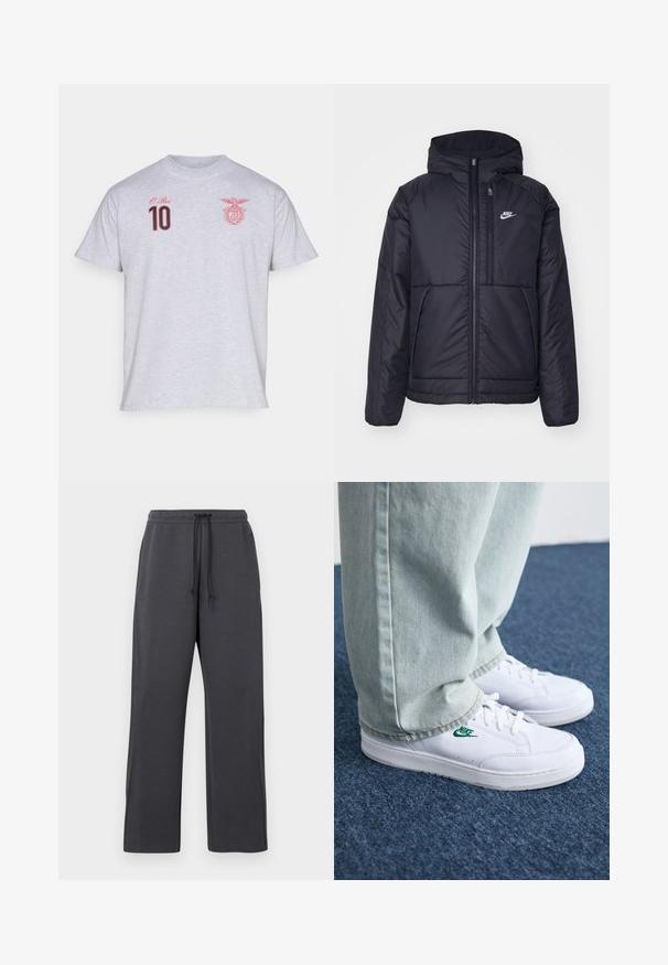 Czarna, pikowana kurtka Nike z przednim zamkiem błyskawicznym i kapturem. Posiada białe logo po lewej stronie klatki piersiowej oraz podwójne kieszenie z przodu. Gładka struktura zewnętrzna.; Szara bawełniana koszulka z czerwoną haftowaną napisem "O Rei" oraz numerem "10", obok czerwonego emblematu na lewej piersi.; Szare spodnie dresowe z regulacją w talii na troczki, wykonane z miękkiego materiału. Szerokie nogawki z bocznymi szwami, minimalistyczne detale, bez widocznych wzorów.; Białe skórzane sneakersy z zielonym logo Nike, okrągły czubek, płaska podeszwa, zestawione z jasnoniebieskimi dżinsami, pokazane na niebieskim dywanie.