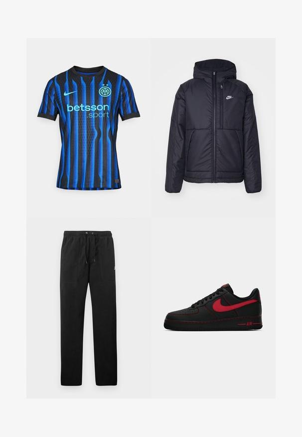Czarna, pikowana kurtka Nike z przednim zamkiem błyskawicznym i kapturem. Posiada białe logo po lewej stronie klatki piersiowej oraz podwójne kieszenie z przodu. Gładka struktura zewnętrzna.; Niebiesko-czarny paskowany krótki rękaw dżersej z oddychającego materiału, z logo, tekstem sponsora oraz dwiema gwiazdami nad emblematem.; Czarne spodnie dresowe z polaru, z elastycznym paskiem w talii ze sznurkiem, dwiema przednimi kieszeniami oraz małym logo na udzie.; Czarne skórzane sneakersy Nike Air Force 1 z czerwonymi akcentami, o gładkiej fakturze, perforowanym nosku i kontrastowym czerwonym szwem.
