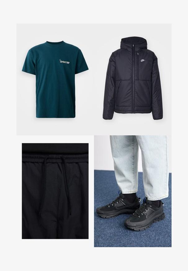 Veste Nike noire rembourrée avec une fermeture éclair sur le devant et une capuche. Elle présente un logo blanc sur la poitrine gauche et deux poches avant. Texture extérieure lisse.; T-shirt en coton teal à manches courtes et col rond. Présente un imprimé graphique "Carhartt WIP" à l'avant en blanc.; Shorts noirs avec un élastique à cordon de serrage, en tissu léger avec une texture lisse, et un design simple sans logos ni motifs visibles.; Des chaussures de sport noires avec un tissu texturé et des semelles en caoutchouc, dotées de lacets élastiques et d'un accent bleu au talon. Portées avec un pantalon en denim clair.