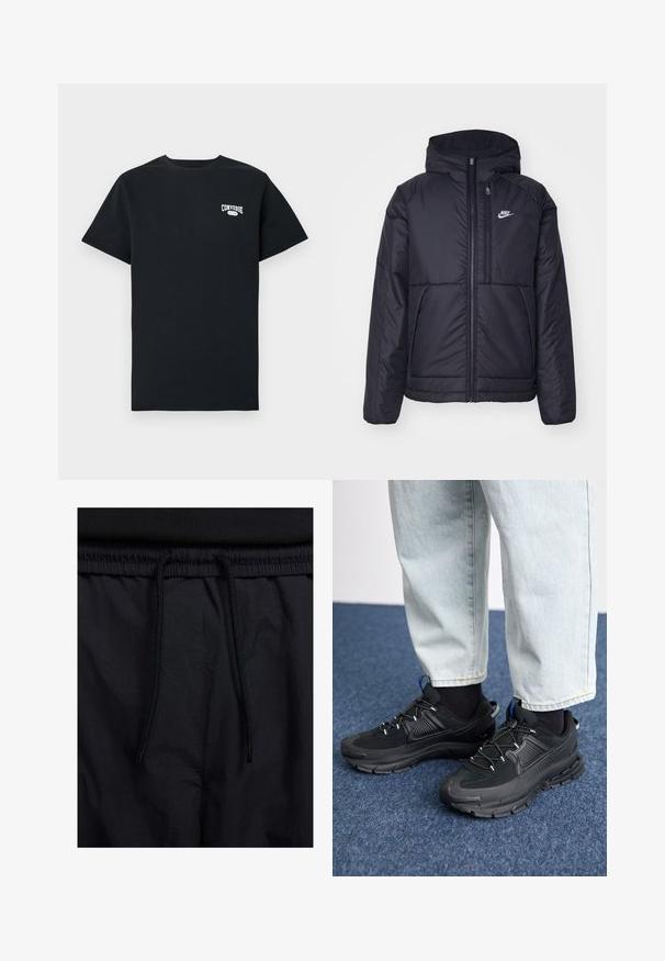 Musta, pehmustettu Nike-takki, jossa on etuvetoketju ja huppu. Vasemmassa rinnassa on valkoinen logo ja takissa on kaksinkertaiset etutaskut. Pintakoe on sileä.; Mustapaita, jossa on lyhyet hihat ja vasemmassa rinnassa valkoinen "Converse"-logo. Klassinen pyöreä kaula-aukko.; Mustat shortsit, joissa on naru vyötäröllä, kevyestä kankaasta valmistettu, sileä tekstuuri ja yksinkertainen muotoilu ilman näkyviä logoja tai kuvioita.; Mustat urheilukengät, joissa on teksturoitu kangas ja kumipohjat, elastiset nauhat ja sininen yksityiskohta kannassa. Yhdistetty vaaleisiin farkkuihin.