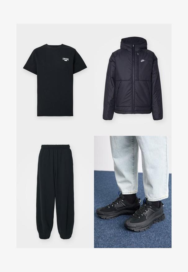 Melna, pufota Nike jaka ar priekšējo rāvējslēdzēju un kapuci. Iezīmēta ar baltu logotipu uz kreisās krūtis un divām priekšējām kabatām. Gluda ārējā tekstūra.; Melna kokvilnas T-krekls ar īsām piedurknēm, ar baltu "Converse" logotipu kreisajā krūtī. Klasisks apaļais kakla izgriezums.; Melnas sporta bikses ar elastīgu jostasvietu, brīvu piegriezumu, aprocēm ap potītēm, gludu tekstūru, un bez redzamām rakstu vai aparatūras akcentiem.; Melni sporta apavi ar strukturētu audumu un gumijas zoli, ar elastīgām auklām un zilu akcentu uz papēža. Nēsāti ar gaišām džinsu biksēm.