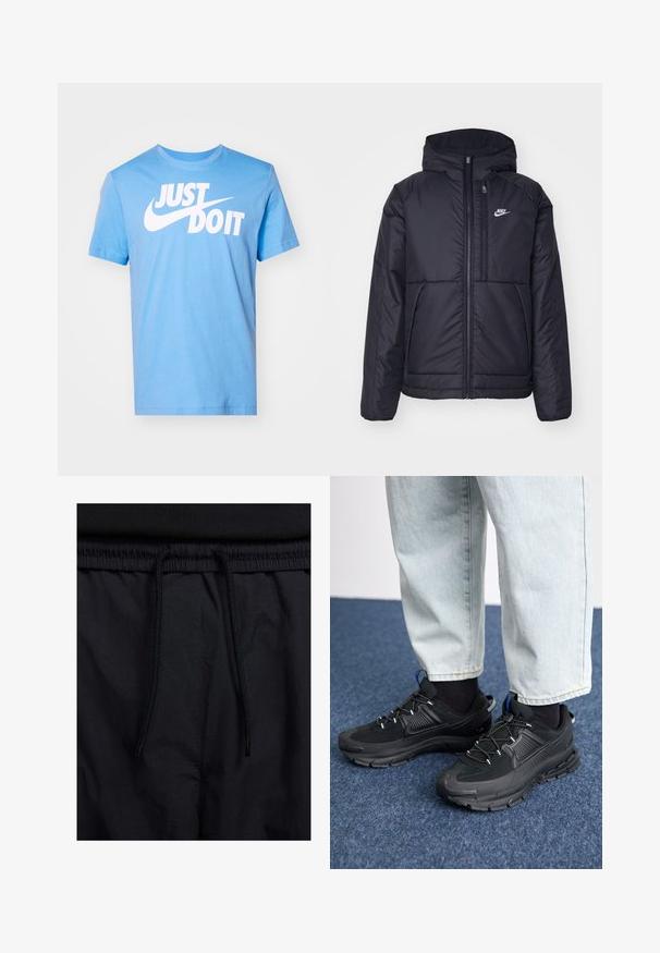 Černá zateplená bunda Nike s předním zipem a kapucí. Na levé straně hrudi má bílé logo a dvojité přední kapsy. Hladký povrch.; Modrá bavlněná tričko s kulatým výstřihem a krátkými rukávy, s velkým bílým potiskem "JUST DO IT" a výrazně zobrazeným logem Nike.; Černé šortky s páskem na šňůrku, lehký materiál s hladkou texturou a jednoduchý design bez viditelných log nebo vzorů.; Černé sportovní boty s texturovanou tkaninou a gumovou podrážkou, s elastickými tkaničkami a modrým akcentem na patě. Nosí se s světlými džíny.