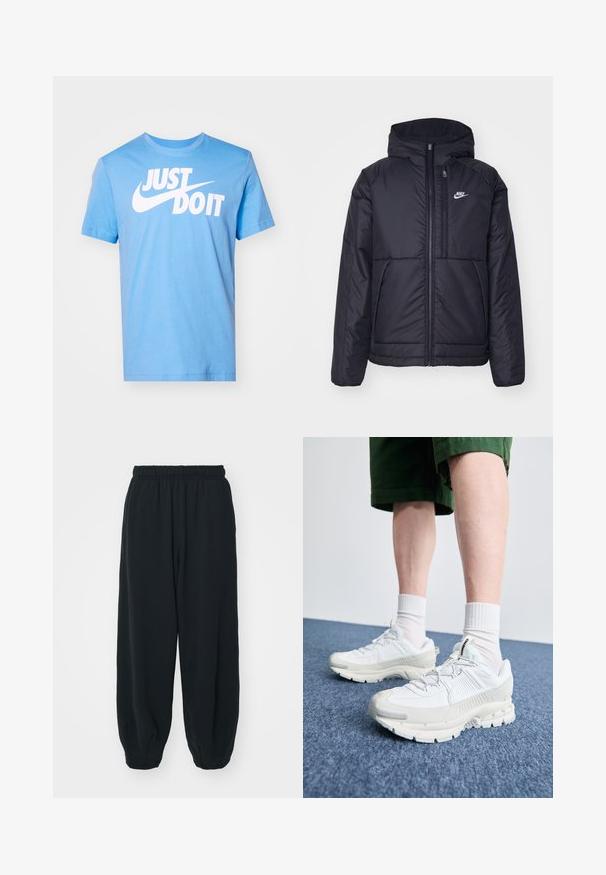 Juodas, paminkštintas Nike džemperis su priekyje užtrauktuku ir gobtuvu. Pasižymi balta logo kairėje krūtinės pusėje ir dviem priekinėmis kišenėmis. Su lygiu išoriniu paviršiumi.; Mėlynas medvilninis marškinėlis su apvalia iškirpte ir trumpomis rankovėmis, su dideliu baltu užrašu "JUST DO IT" ir ryškiai matomu Nike logotipu.; Juodi, su elastiniu juosmeniu sportiniai kelnės su laisvu siluetu, suapvalintais kulkšnimis, lygia tekstūra ir be matomų raštų ar metalinių akcentų.; Baltos sportinės bateliai su tekstūruotais uždengimais, masyviu padu ir pilkais akcentais. Dėvimi su baltais trumpais kojiniais ir žaliais šortais mėlyname paviršiuje.