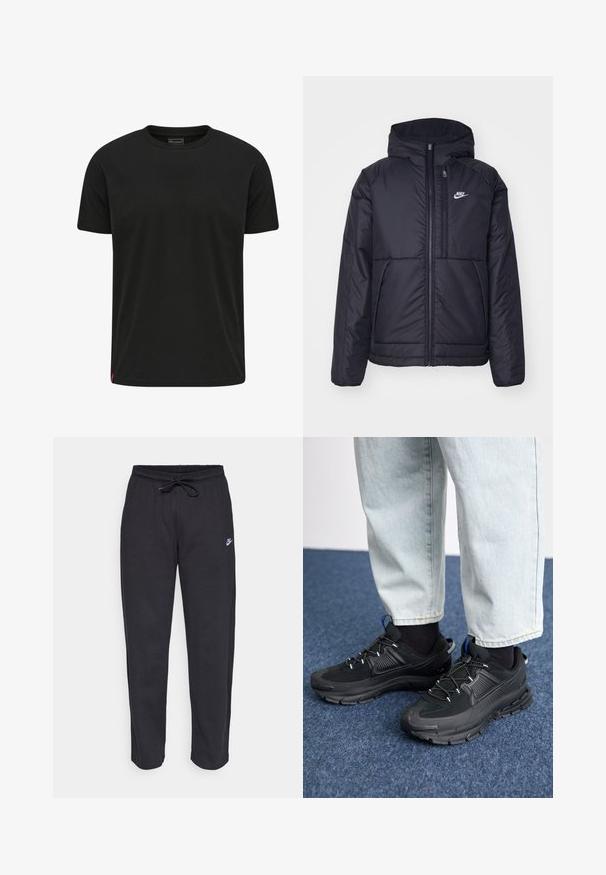 Sort, polstret Nike-jakke med frontlynlås og hætte. Har et hvidt logo på venstre bryst og to frontlommer. Glat ydre tekstur.; Sort t-shirt med korte ærmer lavet af blødt stof. Har en rund halsudskæring og et lille rødt mærke på nederste venstre side.; Sorte sweatpants lavet af blødt stof med elastisk talje, snøre og et lille Nike-logo på venstre lår.; Sorte træningssko med tekstureret stof og gummisåler, udstyret med elastiske snørebånd og en blå detalje på hælen. Bæres med lyse denimbukser.