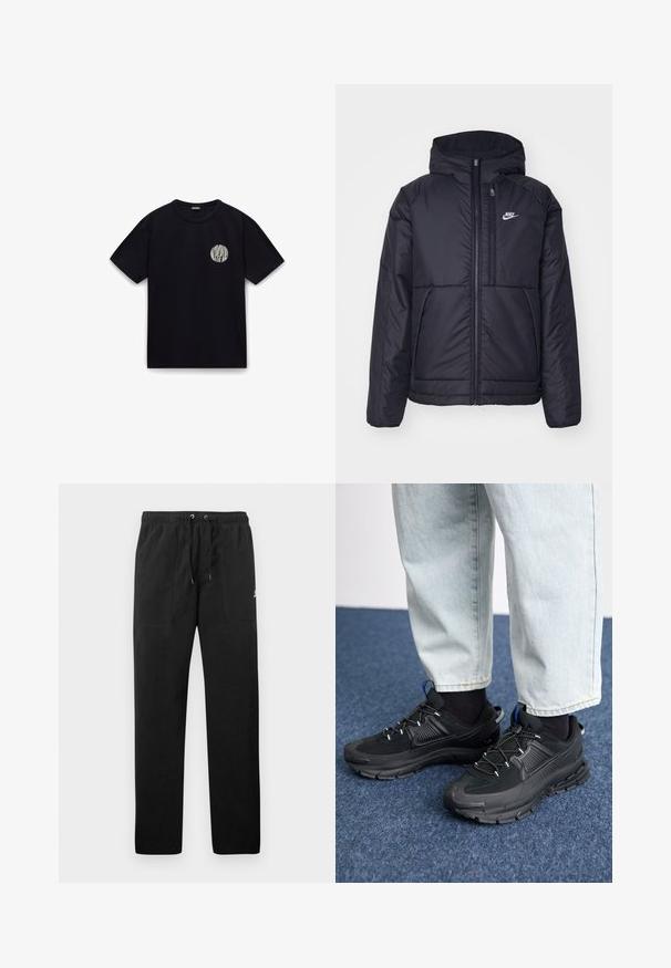 Sort, polstret Nike-jakke med frontlynlås og hætte. Har et hvidt logo på venstre bryst og to frontlommer. Glat ydre tekstur.; Sort bomulds t-shirt med korte ærmer, rund hals og et hvidt cirkulært logo på venstre brystområde. Glat tekstur, afslappet design.; Sorte sweatpants lavet af fleece, med en elastisk talje med snore, to frontlommer og et lille logo på låret.; Sorte træningssko med tekstureret stof og gummisåler, udstyret med elastiske snørebånd og en blå detalje på hælen. Bæres med lyse denimbukser.