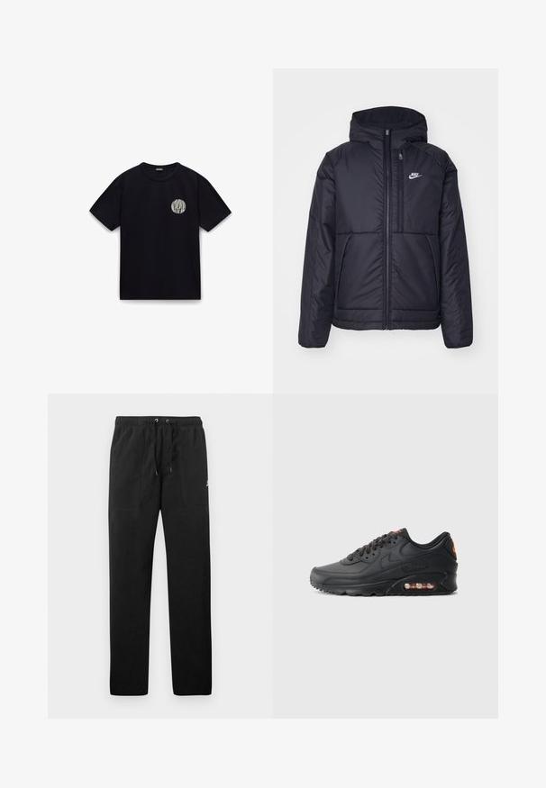 Čierna, polstrovaná bunda Nike so zipsom vpredu a kapucňou. Na ľavej strane hrude sa nachádza biele logo a sú tu dva predné vrecká. Hladký vonkajší povrch.; Čierne bavlnené tričko s krátkymi rukávmi, okrúhlym výstrihom a bielym kruhovým logom na ľavej strane hrudi. Hladká textúra, neformálny dizajn.; Čierne teplákové nohavice vyrobené z flísu, s elastickým pásom a šnúrkami na zaväzovanie, dvoma prednými vreckami a malým logom na stehne.; Tenisky Nike Air Max 90 s čiernym syntetickým zvrškom, textúrovaným povrchom, šnurovaním vpredu, viditeľnou vzduchovou jednotkou a logom v oranžovom akcentu.